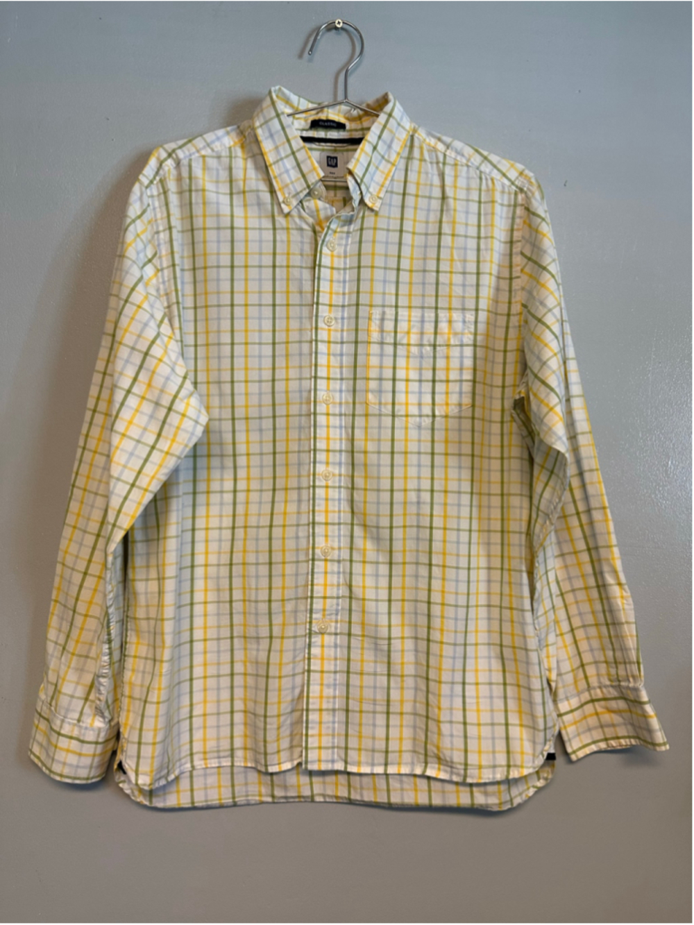 Gap Classic Casual Button Down Shirt Size Medium White Yellow Plaid 100% Cotton